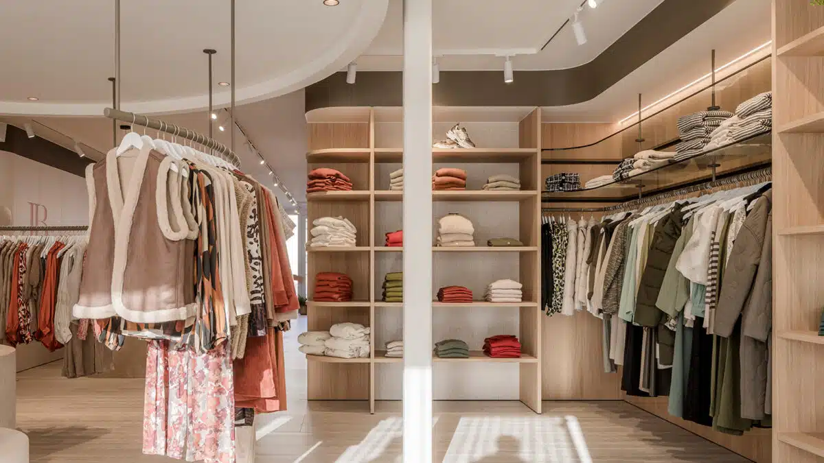 Winkelinterieur met zorgvuldig geplaatste kledingrekken en warme houten accenten, versterkt door de verfijnde pleister- en schilderwerken van In't Wit en In't Kleur.