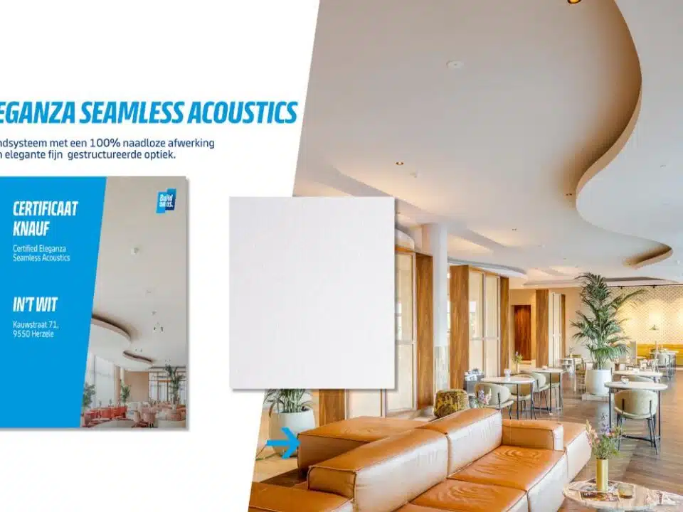 Knauf certificaat Eleganza Seamless Acoustics voor pleisterbedrijf In't Wit, met modern interieur met naadloos akoestisch pla
