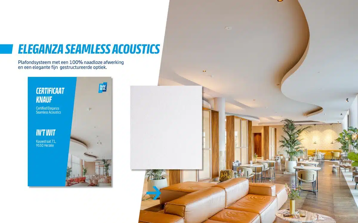 Knauf certificaat Eleganza Seamless Acoustics voor pleisterbedrijf In't Wit, met modern interieur met naadloos akoestisch pla